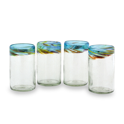 Blown glass tumblers, 'Aurora' (16 oz, set of 4) - Handblown Recycled Glass Tumblers (16 Oz, Set of 4)