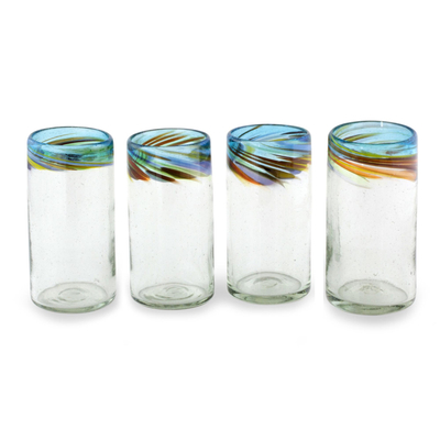 Blown glass tumblers, 'Aurora' (12 oz, set of 4) - Handblown Recycled Glass Drinkware (12 oz, Set of 4)