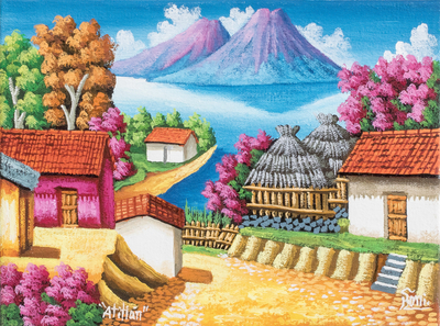 'Morning in Atitlan' - Colorful Oil Painting of a Guatemalan Town