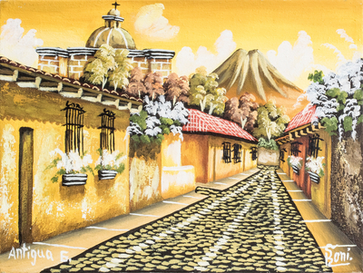 'Atardecer en Antigua Guatemala' - Pintura al óleo sobre lienzo firmada por Guatemala en amarillos