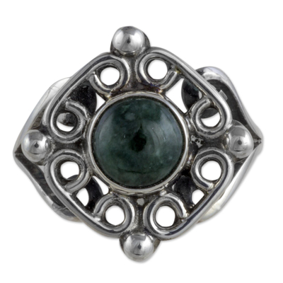 Jade cocktail ring, 'Maya Cardinal Points' - Antiqued Sterling Silver Ring with Guatemalan Jade