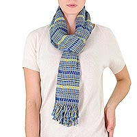 Cotton scarf, 'Atitlan Sunshine' - Backstrap Loom Organic Dye Blue and Yellow Cotton Scarf