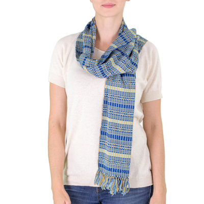 Cotton scarf, 'Atitlan Sunshine' - Backstrap Loom Organic Dye Blue and Yellow Cotton Scarf