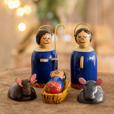 Wood nativity scene, 'Holy Family in Royal Blue' (6 pieces) - 6 Piece Artisan Crafted Wood Nativity Scene in Royal Blue