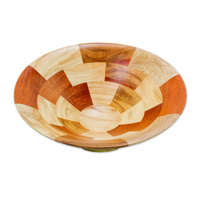 Mahogany and teak wood fruit bowl, 'Tikal Stairway' - Mahogany and Palo Blanco Wood Fruit Bowl Crafted by Hand