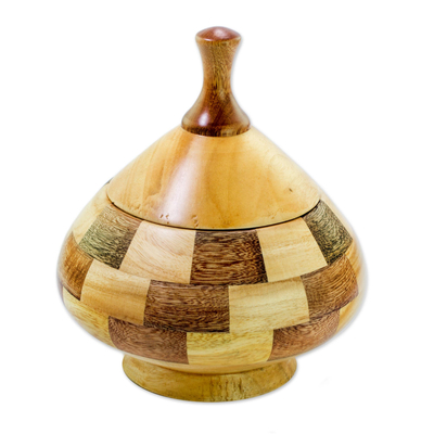 Decorative lidded wood vessel, 'Natural Spiral' - Guatemalan Lidded Vessel Hand Crafted with Natural Woods