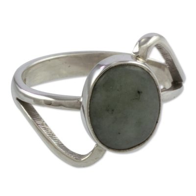 Jade cocktail ring, 'Round Maya Abstract' - Modern Sterling Silver Ring with Guatemalan Jade