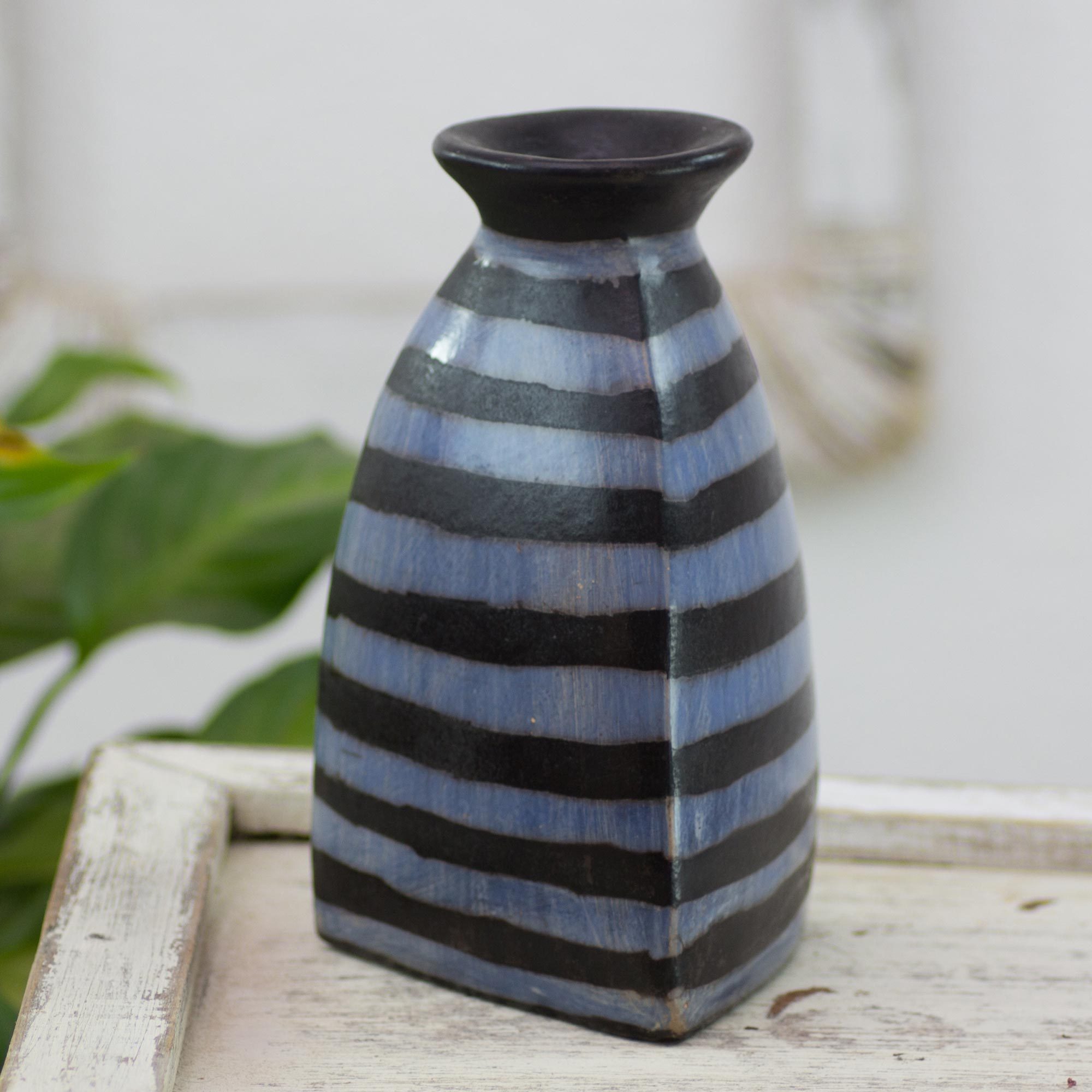 Blue And Black 8 Inch Triangular Ceramic Decorative Vase Ocean