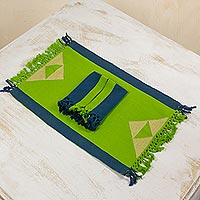 Cotton placemats and napkins, 'Paths Across the Meadow' (set for 4) - Modern Blue and Green Handwoven Cotton Table Linens for 4