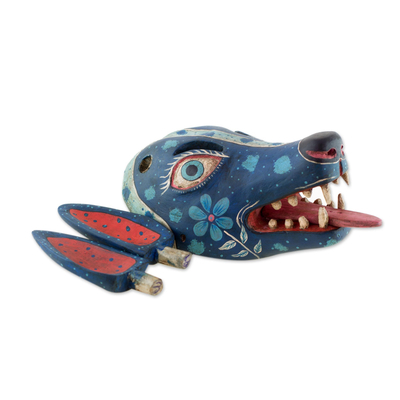 Wood mask, 'Nocturnal Coyote' - Guatemalan Artisan Hand Carved and Painted Wood Coyote Mask