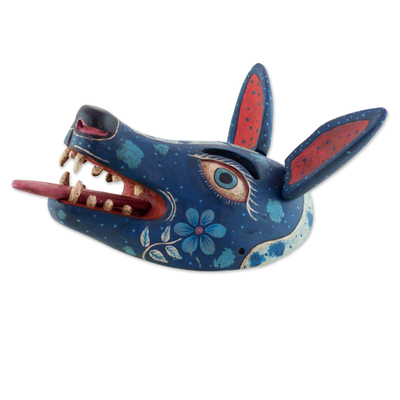 Wood mask, 'Nocturnal Coyote' - Guatemalan Artisan Hand Carved and Painted Wood Coyote Mask