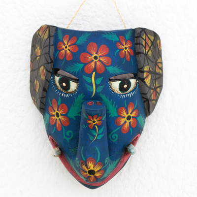 Wood mask, 'Central American Mammoth' - Guatemalan Hand Carved Floral Design Wood Mammoth Mask