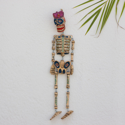 Wood wall sculpture, 'Dancing Floral Skeleton' - Day of the Dead Skeleton Wood Wall Sculpture from Guatemala
