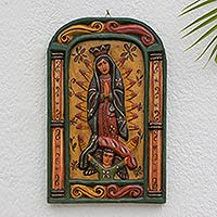 Wood relief panel, 'Virgin of Guadalupe Blessings' - Artisan Carved Wood Relief Panel of the Virgin of Guadalupe