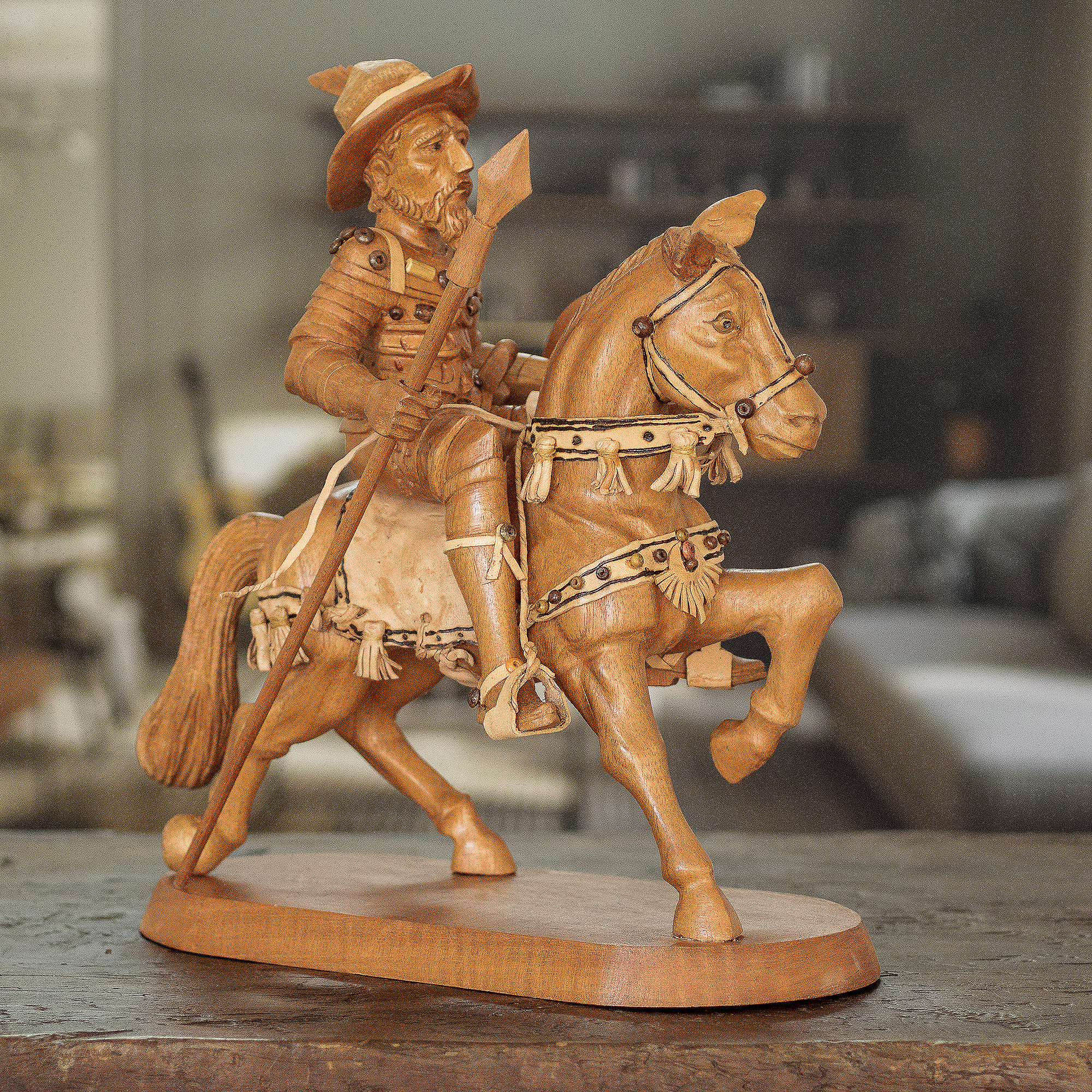 Hand Carved Wood Statuette of Don Quixote on a Horse Quixote en