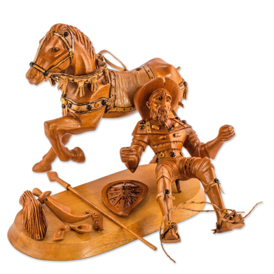 Escultura en madera, 'Quijote a caballo' - Estatuilla de madera tallada a mano de Don Quijote a caballo