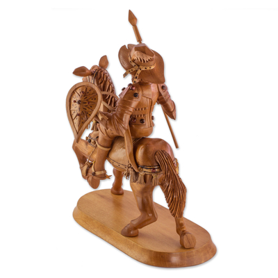 Holzskulptur „Quixote zu Pferd“ - Handgeschnitzte Holzstatuette von Don Quijote auf einem Pferd
