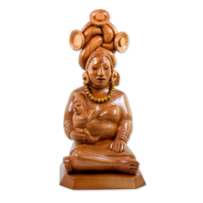 Cedar sculpture, 'Devoted Midwife' - Handcrafted Cedar Mayan Sculpture from Guatemala