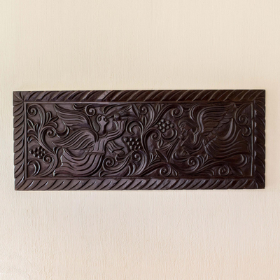 Wood relief panel, 'Angels with Trumpets' - Artisan Crafted Pine Wood Wall Panel with Angel Motif