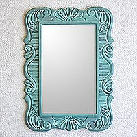 Wood wall mirror, 'Sunflower View in Aqua' - Handcrafted Pinewood Floral Mirror in Aqua from Guatemala