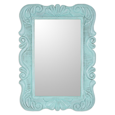 Handcrafted Pinewood Floral Mirror in Aqua from Guatemala