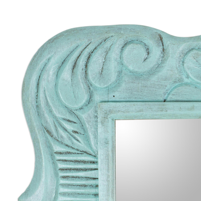 Wood wall mirror, 'Sunflower View in Aqua' - Handcrafted Pinewood Floral Mirror in Aqua from Guatemala