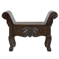 Wood storage bench, 'Flower of Peten' - Brown Wood Storage Bench with a Hand Carved Flower