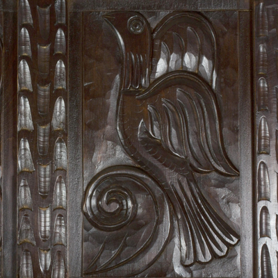 Reliefplatte aus Holz - Handgefertigtes Wandpaneel aus Kiefernholz mit Vogelmotiv