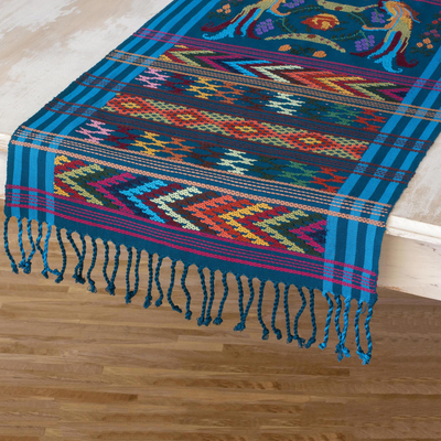 Cotton table runner, 'Turquoise Quetzal' - Handwoven Bird Theme Turquoise Cotton Table Runner