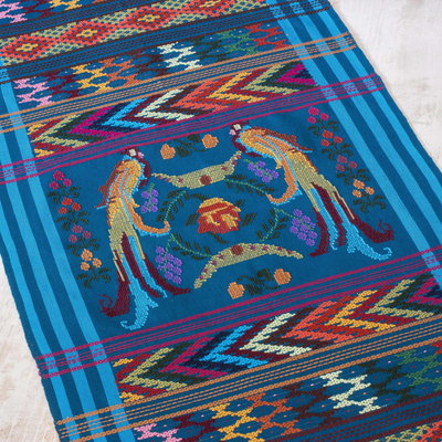 Cotton table runner, 'Turquoise Quetzal' - Handwoven Bird Theme Turquoise Cotton Table Runner