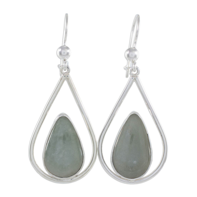 Jade dangle earrings, 'Apple Green Droplet of Life' - Teardrop Earrings with Apple Green Jade and Sterling Silver