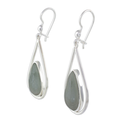 Jade dangle earrings, 'Apple Green Droplet of Life' - Teardrop Earrings with Apple Green Jade and Sterling Silver