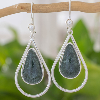 Jade dangle earrings, 'Dark Usumacinta Raindrop' - Handcrafted Guatemalan Jade and Silver Dangle Earrings