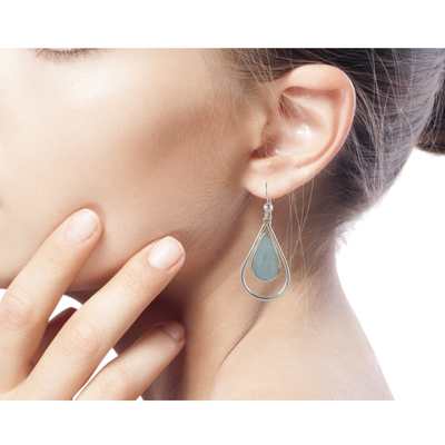 Jade dangle earrings, 'Green Usumacinta Raindrop' - Handcrafted Silver 925 and Guatemalan Jade Dangle Earrings