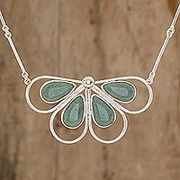 Jade pendant necklace, 'Butterfly of Harmony' - Hand Crafted Sterling Silver Butterfly Necklace Set with Gua