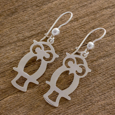 Sterling silver dangle earrings, 'Maya Owl' - Guatemalan Sterling Silver Owl Shape Earrings