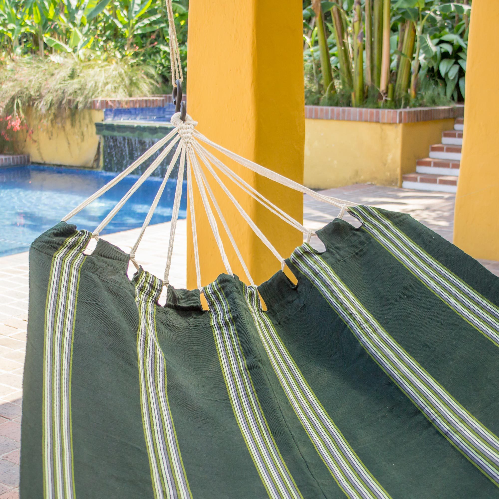 Handwoven Striped Single Guatemalan Hammock - Laurel Green | NOVICA
