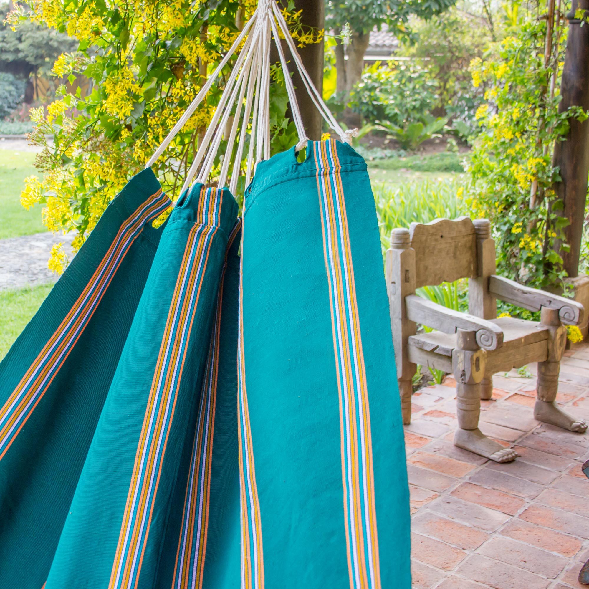 Guatemalan Handwoven Green Striped Hammock (Single) - Happy Beach | NOVICA
