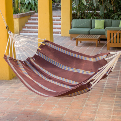 Cotton hammock, 'Coffee Break' (single) - Handwoven Brown Striped Single Cotton Hammock