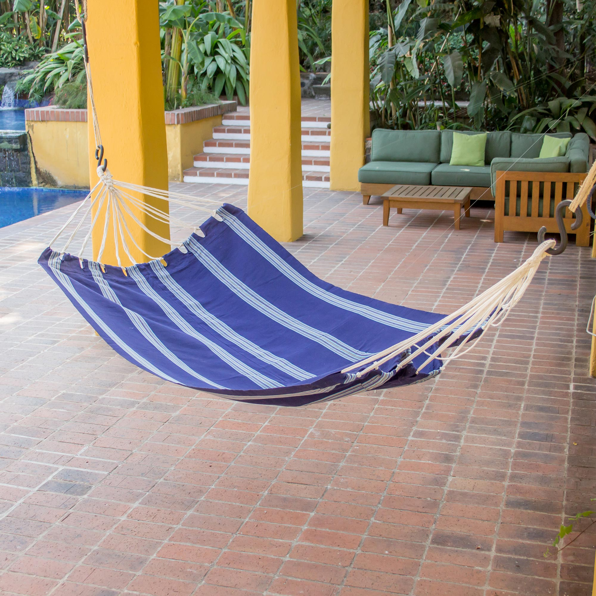 Handwoven Single Hammock Brown Blue Stripes 'Quiet Beach' NOVICA Guatemala