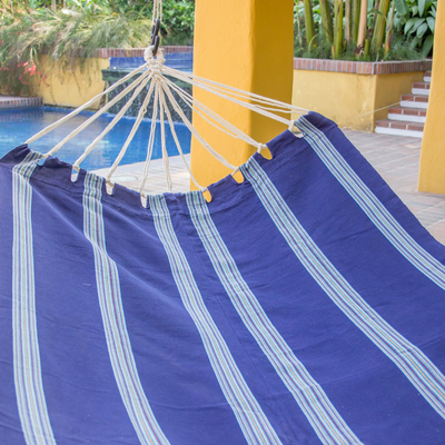 Cotton hammock, 'Ocean Song' (single) - Navy Blue Striped Cotton Artisan Crafted Single Hammock