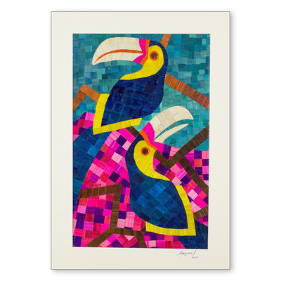Natural fiber collage, 'Tropical Toucans' - Signed Toucan Bird Collage in Natural Fibers from Nicaragua