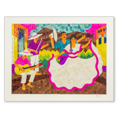 Natural fiber collage, 'Folk Dancers' - Nicaraguan Corn Husk Collage of Folk Dancers and Musicians