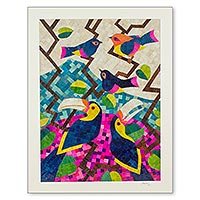 Natural fiber collage, 'Birds of Nicaragua' - Nicaraguan Natural Fiber Mosaic Collage of Various Birds