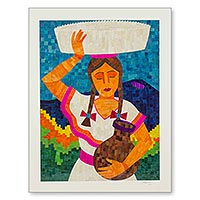 Natural fiber collage, 'Nicaraguan Merchant Woman' - Signed Natural Fiber Collage Portrait of Nicaraguan Woman
