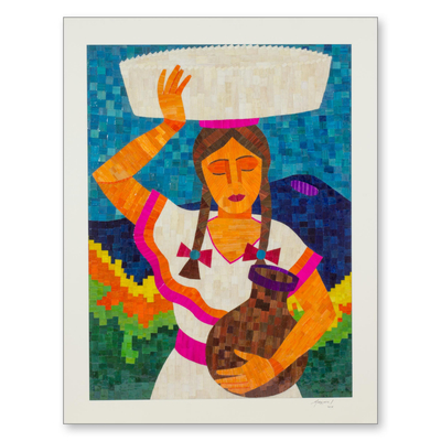 Naturfasercollage - Signiertes Naturfaser-Collage-Porträt einer nicaraguanischen Frau
