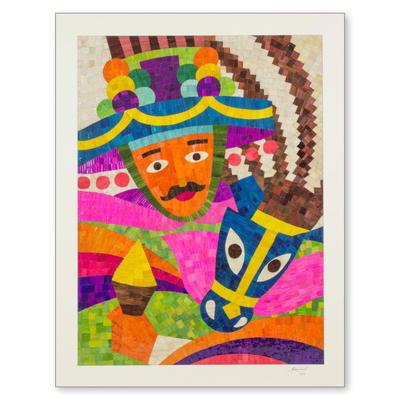 Natural fiber collage, 'Gueguense Folk Dancer' - Nicaraguan Gueguense Dance Natural Fiber Collage