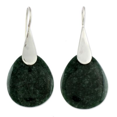 Jade dangle earrings, 'Dark Yaxha Forest' - Modern Dark Green Jade and Silver Earrings