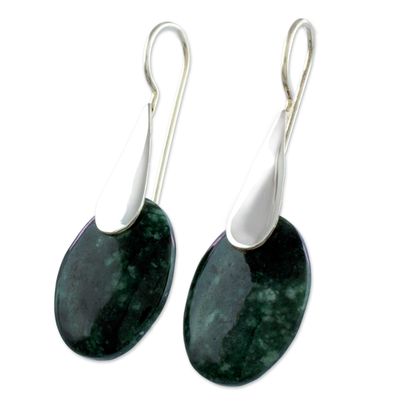 Jade dangle earrings, 'Dark Maya Jungle' - Dark Green Jade and Silver Handcrafted Modern Earrings