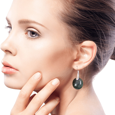 Jade dangle earrings, 'Dark Maya Jungle' - Dark Green Jade and Silver Handcrafted Modern Earrings